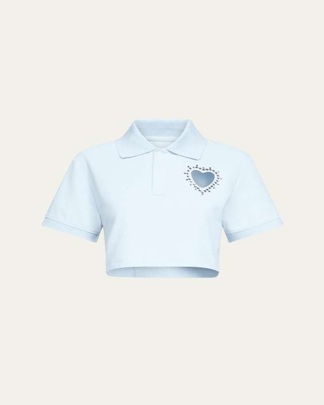 Crystal Heart Cutout Cropped Polo Top